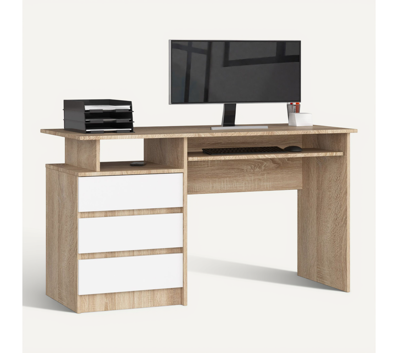 Bureau D'ordinateur Akord Clp Chêne Sonoma 135 Cm 3 Tiroirs Façade Blanche 2 étagères 135x60x77 Cm