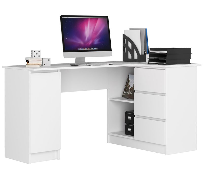 Grand Bureau D'angle Akord Droit B20 Blanc 155 Cm 1 Porte 3 Tiroirs Façade Blanche