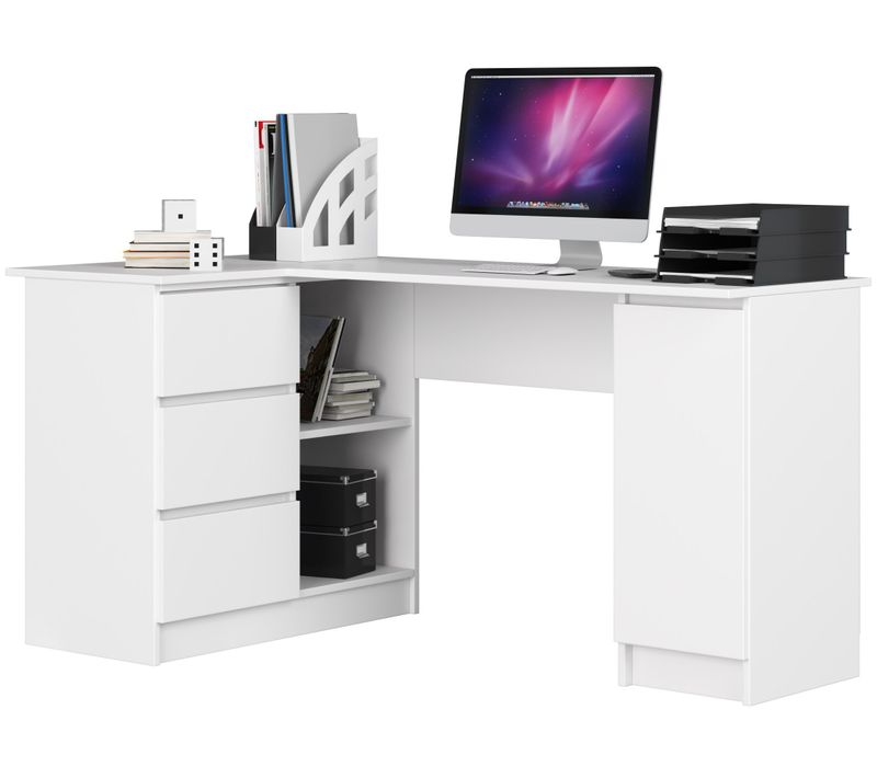 Grand Bureau D'angle Akord Gauche B20 Blanc 155 Cm 1 Porte 3 Tiroirs Façade Blanche