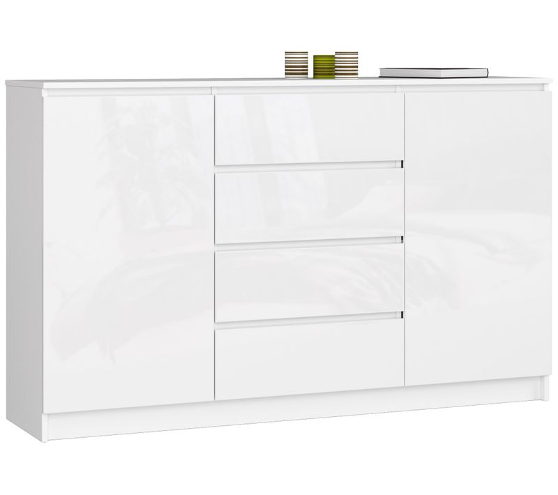 Grande Commode Pour Le Salon K160 Blanche 160 Cm 2 Portes 4 Tiroirs Façade Blanche Brillante