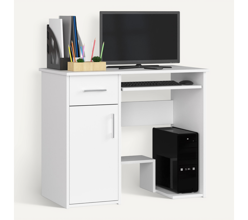 Bureau D'ordinateur Jay Blanc 90 Cm 1 Porte 1 Tiroir Façade Blanche 3 étagères 90x50x74 Cm