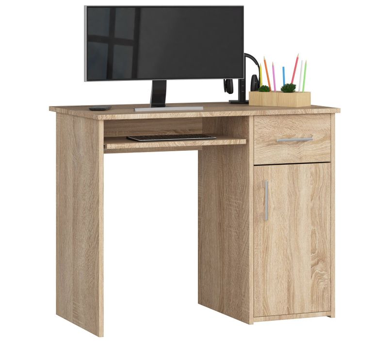 Bureau D'ordinateur Pin Chêne Sonoma 90 Cm 1 Porte 1 Tiroir Façade Chêne Sonoma 3 Étagères