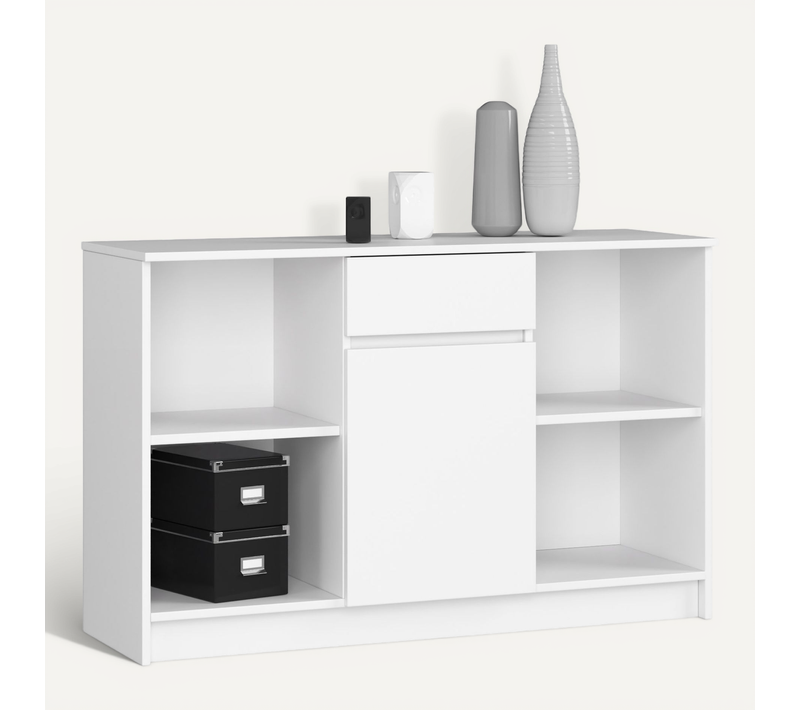Commode B17 Blanche 120 Cm 1 Porte 1 Tiroir Façade Blanche 6 Étagères 120x40x77 Cm