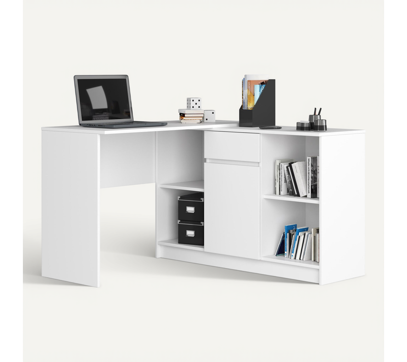 Ensemble D' Angle, Bureau B17 Avec Commode Blanc 120 Cm 1 Porte 1 Tiroir Façade Blanche