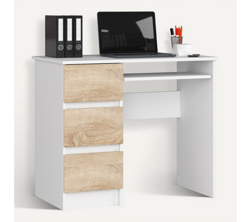 Bureau D'ordinateur Gauche A6 Blanc 90 Cm 3 Tiroirs Façade Chêne Sonoma 1 Étagère 90x50x77 Cm