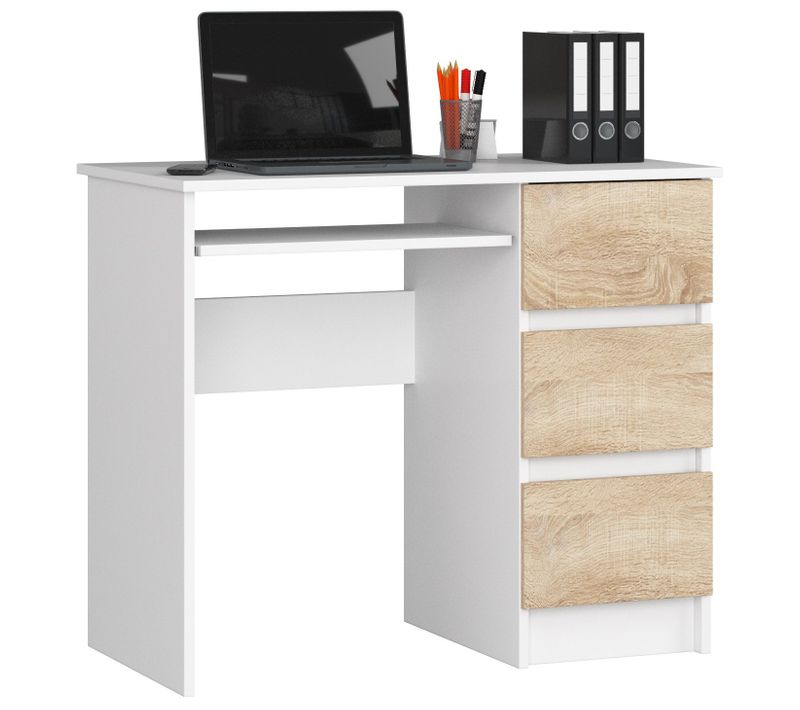 Bureau D'ordinateur Droit A6 Blanc 90 Cm 3 Tiroirs Façade Chêne Sonoma 1 Étagère 90x50x77 Cm