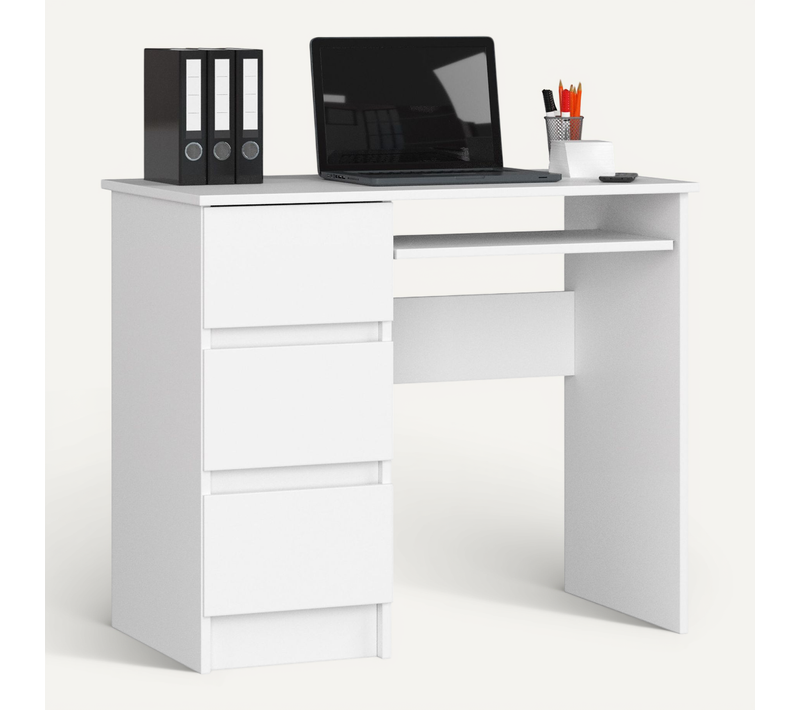 Bureau D'ordinateur Gauche A6 Blanc 90 Cm 3 Tiroirs Façade Blanche 1 Étagère 90x50x77 Cm