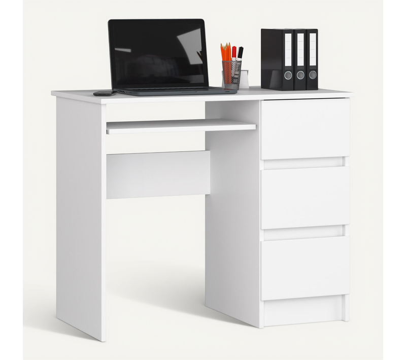 Bureau D'ordinateur Droit A6 Blanc 90 Cm 3 Tiroirs Façade Blanche 1 Étagère 90x50x77 Cm