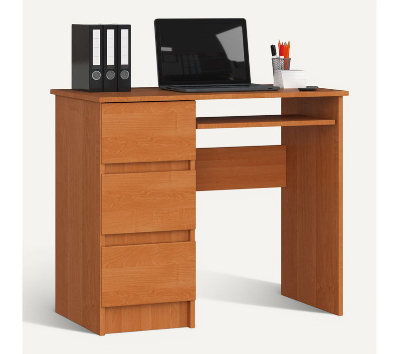 Bureau D'ordinateur Gauche A6 Aulne 90 Cm 3 Tiroirs Façade Aulne 1 Étagère 90x50x77 Cm