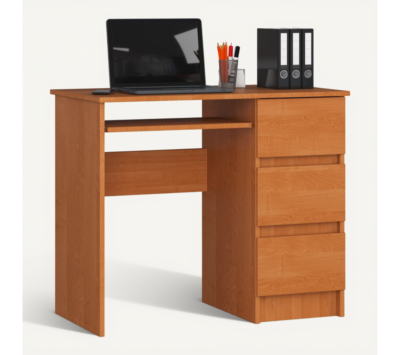 Bureau D'ordinateur Droit A6 Aulne 90 Cm 3 Tiroirs Façade Aulne 1 Étagère 90x50x77 Cm