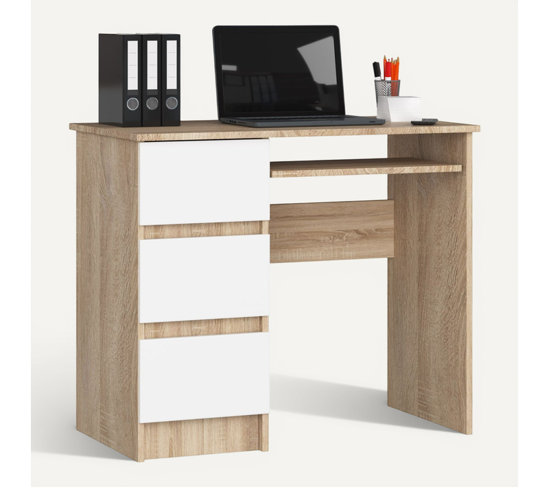 Bureau D'ordinateur Gauche A6 Sonoma 90 Cm 3 Tiroirs Façade Blanche 1 Étagère 90x50x77 Cm