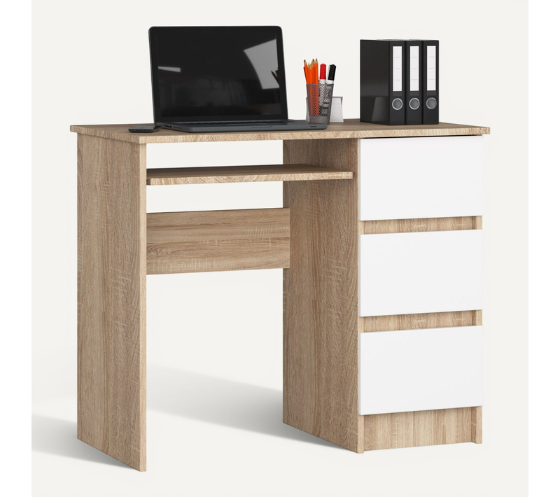 Bureau D'ordinateur Droit A6 Chêne Sonoma 90 Cm 3 Tiroirs Façade Blanche 1 Étagère 90x50x77 Cm