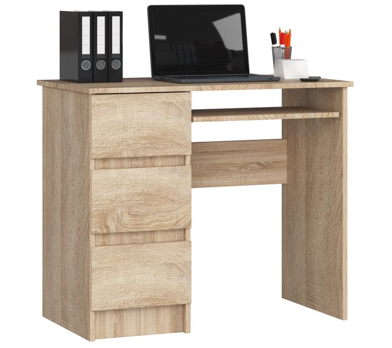 Bureau D'ordinateur Gauche A6 Sonoma 90 Cm 3 Tiroirs Façade Sonoma 1 Étagère 90x50x77 Cm