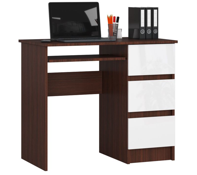 Bureau D'ordinateur Droit A6 Wengé 90 Cm 3 Tiroirs Façade Blanche 1 Étagère 90x50x77 Cm