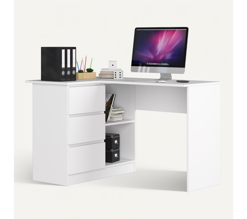 Bureau Akord D'angle Gauche B16 Blanc 124 Cm 3 Tiroirs Façade Blanche 2 Étagères 124x85x77 Cm