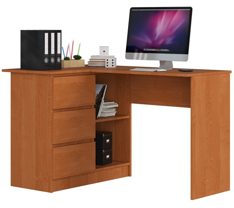 Bureau D'angle Gauche B16 Aulne 124 Cm 3 Tiroirs Façade Aulne 2 Étagères 124x85x77 Cm