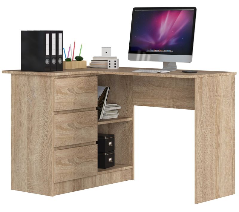 Bureau D'angle Gauche B16 Chêne Sonoma 124 Cm 3 Tiroirs Façade Sonoma 2 Étagères 124x85x77