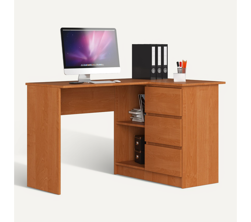 Bureau D'angle Droit B16 Aulne 124 Cm 3 Tiroirs Façade Aulne 2 Étagères 124x85x77 Cm