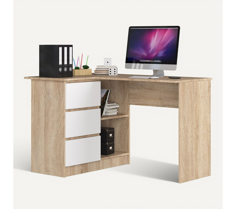Bureau D'angle Chêne Sonoma 124 Cm 3 Tiroirs Façade Blanche 2 Étagères 124x85x77 Cm