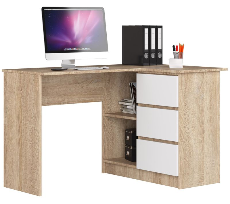 Bureau D'angle Droit B16 Chêne Sonoma 124 Cm 3 Tiroirs Façade Blanche 2 Étagères 124x85x77 Cm