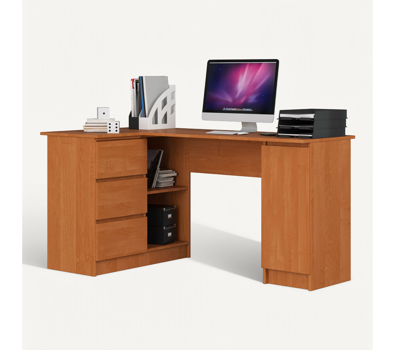 Grand Bureau D'angle Gauche B20 Aulne 155cm 1 Porte 3 Tiroirs Façade Aulne 4 Étagères