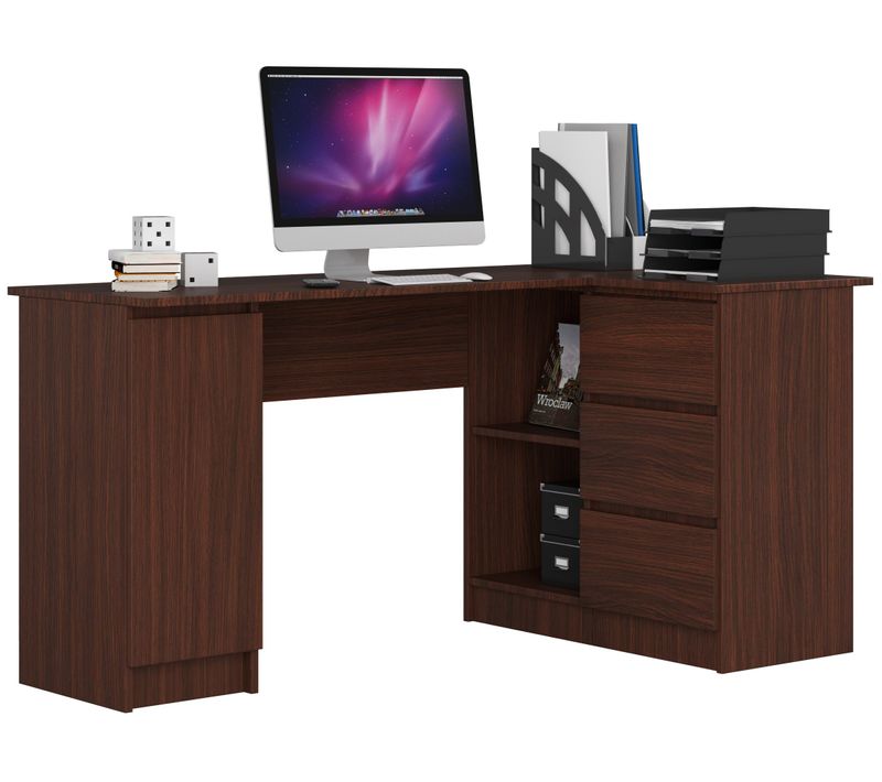 Grand Bureau D'angle Droit B20 Wengé 155cm 1 Porte 3 Tiroirs Façade Wengé 4 Étagères 155x85x77