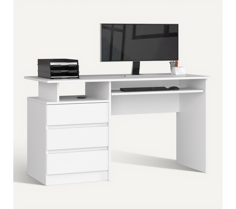 Bureau D'ordinateur Akord Clp Blanc 135 Cm 3 Tiroirs Façade Blanche 2 étagères 135x60x77 Cm
