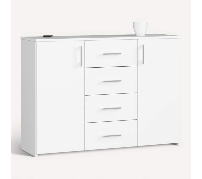 Commode Akord K45 Blanche 110 Cm 2 Portes 4 Tiroirs Façade Blanche 4 étagères 110x35x80 Cm