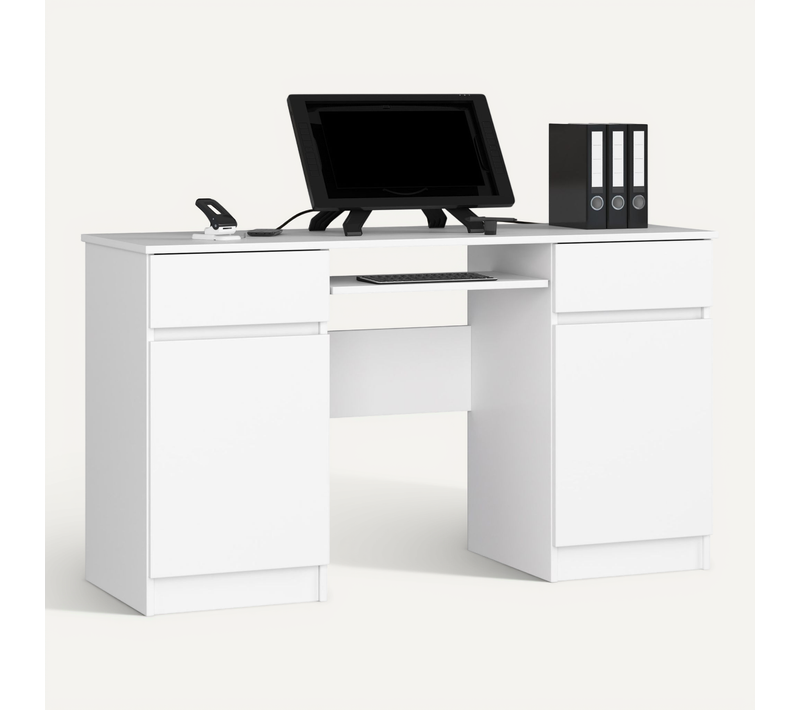 Bureau D'ordinateur Akord A5 Blanc 135 Cm 2 Portes 2 Tiroirs Façade Blanche 5 étagères 135x50x77 Cm