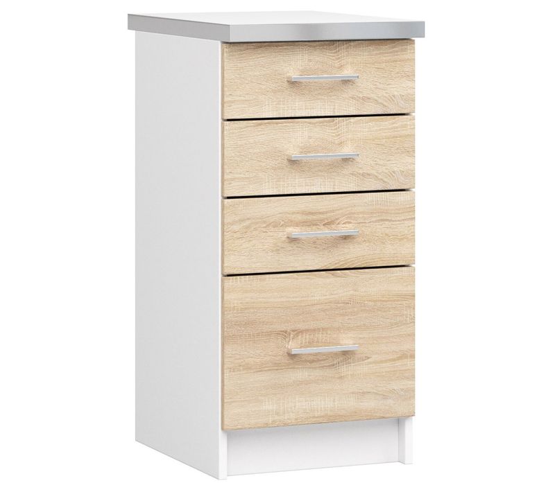 Meuble De Cuisine Bas S40 Lima Modulable Blanc 40 Cm 4 Tiroirs Façade Chêne Sonoma 40x44,5x82 Cm