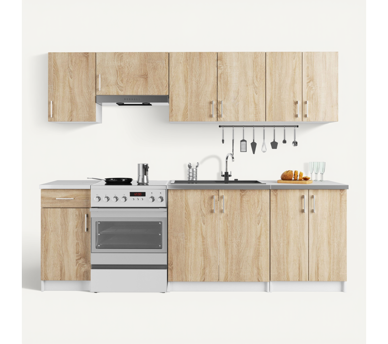 Ensemble De Cuisine Lima Blanc 240 Cm 11 Portes 1 Tiroir Façade Chêne Sonoma 240x44,5x203 Cm