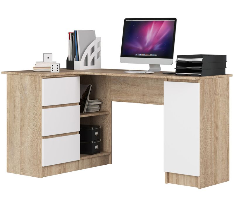 Grand Bureau D'angle Gauche B20 Sonoma 155 Cm 1 Porte 3 Tiroirs Façade Blanche 4 Étagères