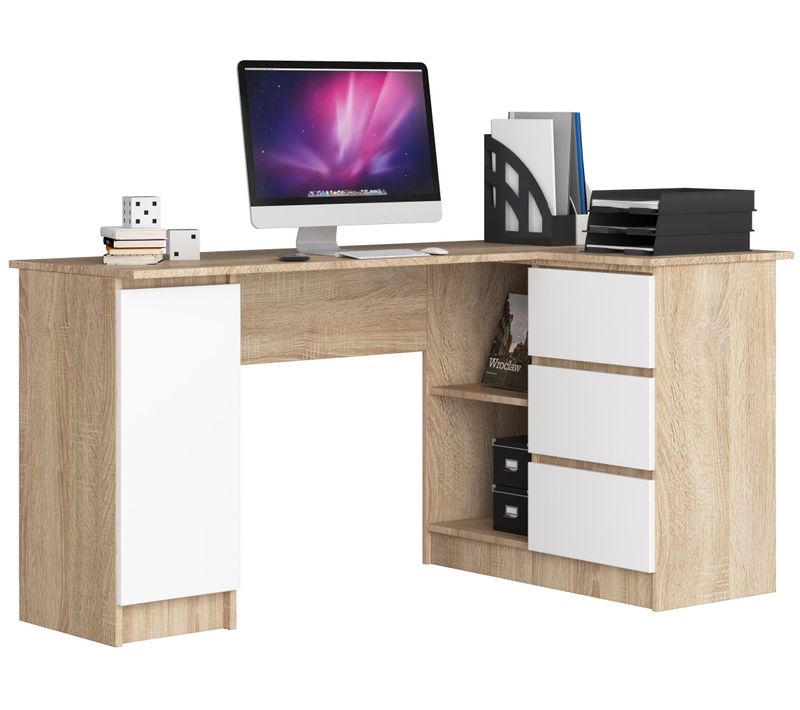 Grand Bureau D'angle Droit B20 Sonoma 155 Cm 1 Porte 3 Tiroirs Façade Blanche 4 Étagères