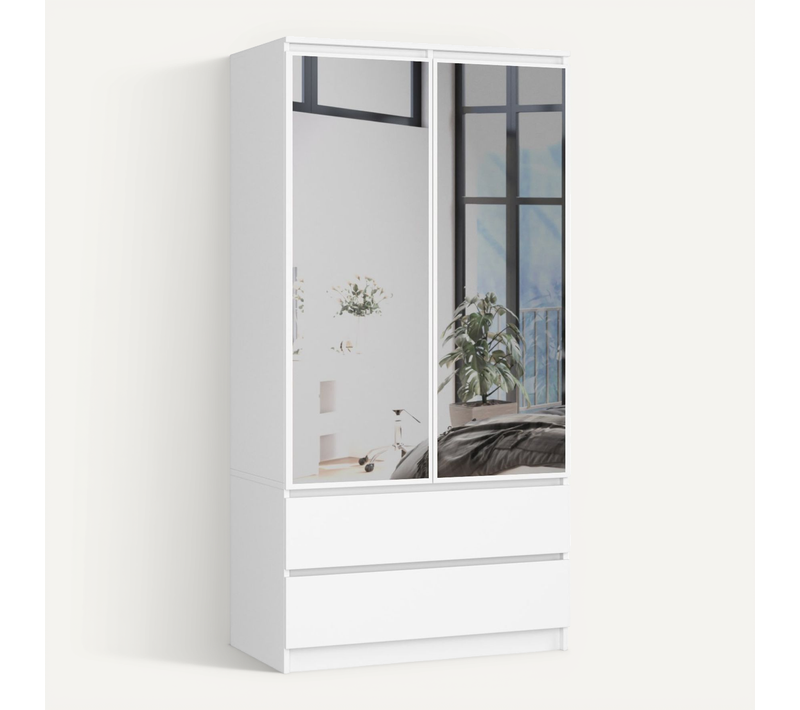Armoire Akord S90 Avec Miroir Blanche 90 Cm 2 Portes 2 Tiroirs Façade Blanche