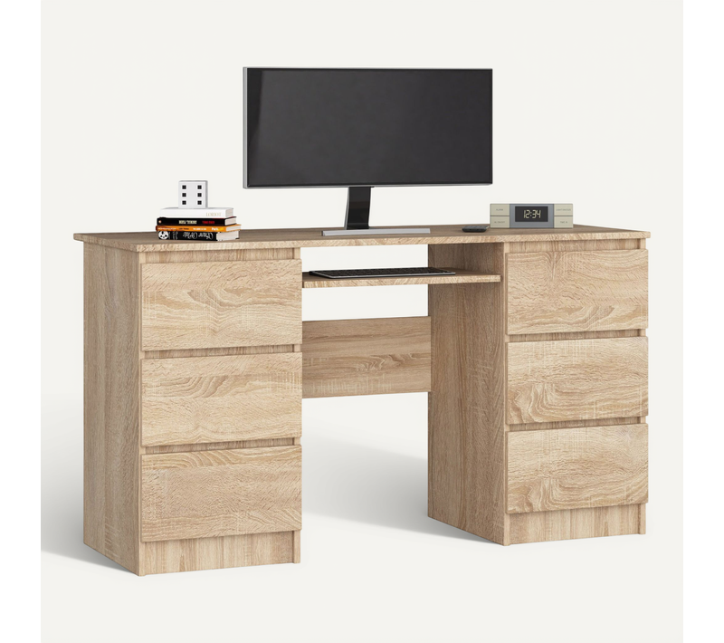 Bureau D'ordinateur A11 Chêne Sonoma 135 Cm 6 Tiroirs Façade Chêne Sonoma 135x50x77 Cm