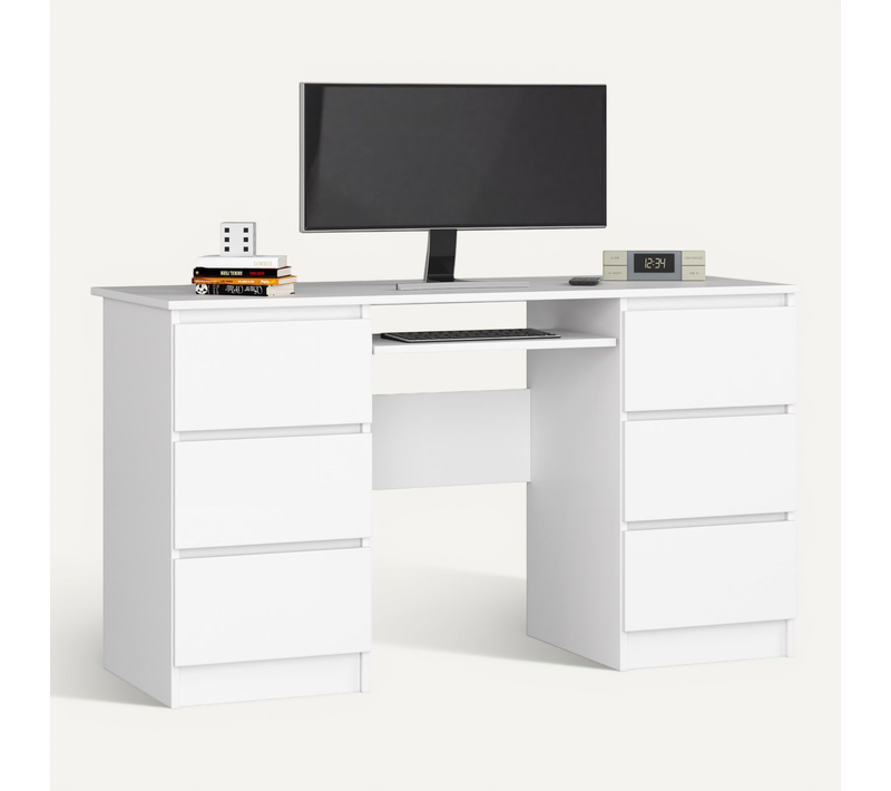 Bureau D'ordinateur A11 Blanc 135 Cm 6 Tiroirs Façade Blanche 135x50x77 Cm
