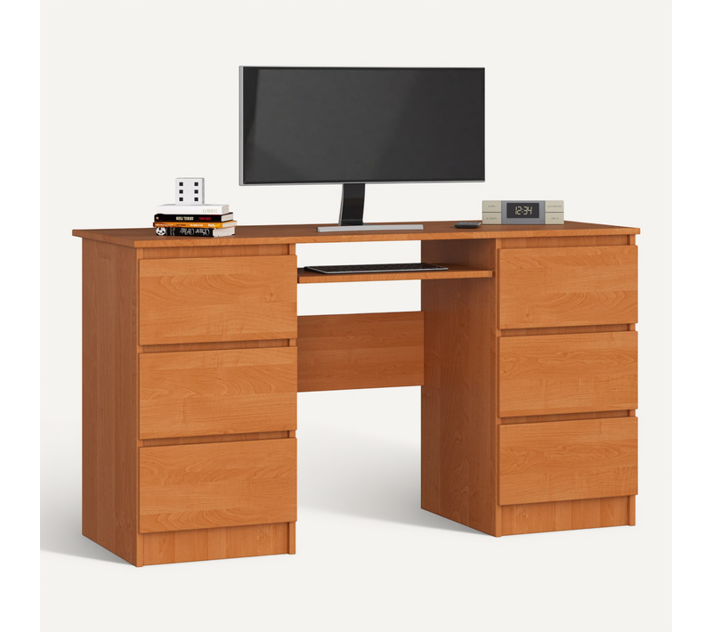Bureau D'ordinateur A11 Aulne 135 Cm 6 Tiroirs Façade Aulne 135x50x77 Cm
