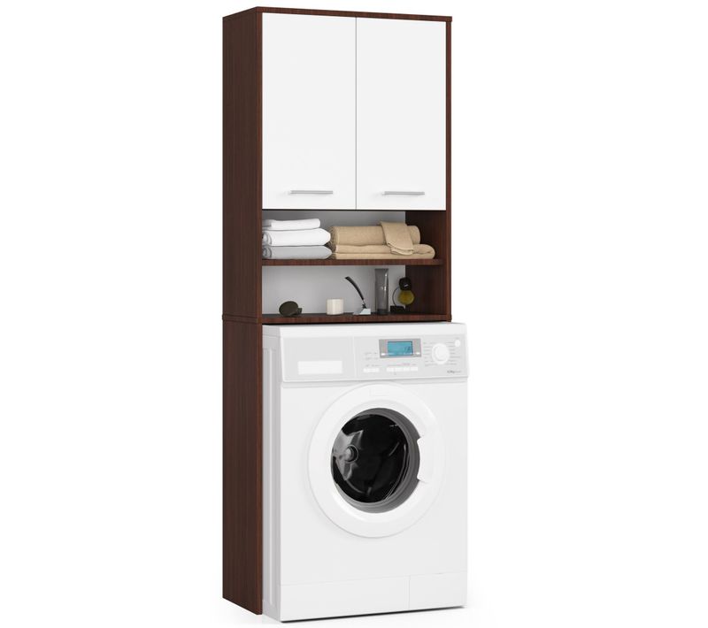 Meuble Pour Machine à Laver Fin Wengé 64 Cm 2 Portes Façade Blanche Niche 4 Étagères 64x30x180 Cm