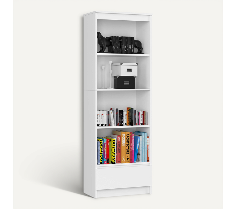Bibliothèque De Bureau R60 Blanche 60 Cm 1 Tiroir Façade Blanche 4 Étagères 60x35x180 Cm