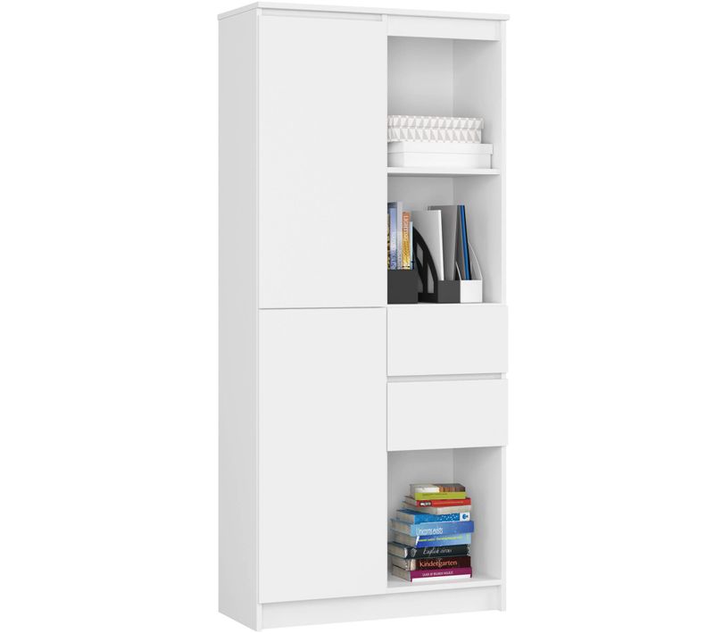 Bibliothèque De Bureau R15 Blanche 80 Cm 1 Porte 2 Tiroirs Façade Blanche 7 Étagères 80x35x180