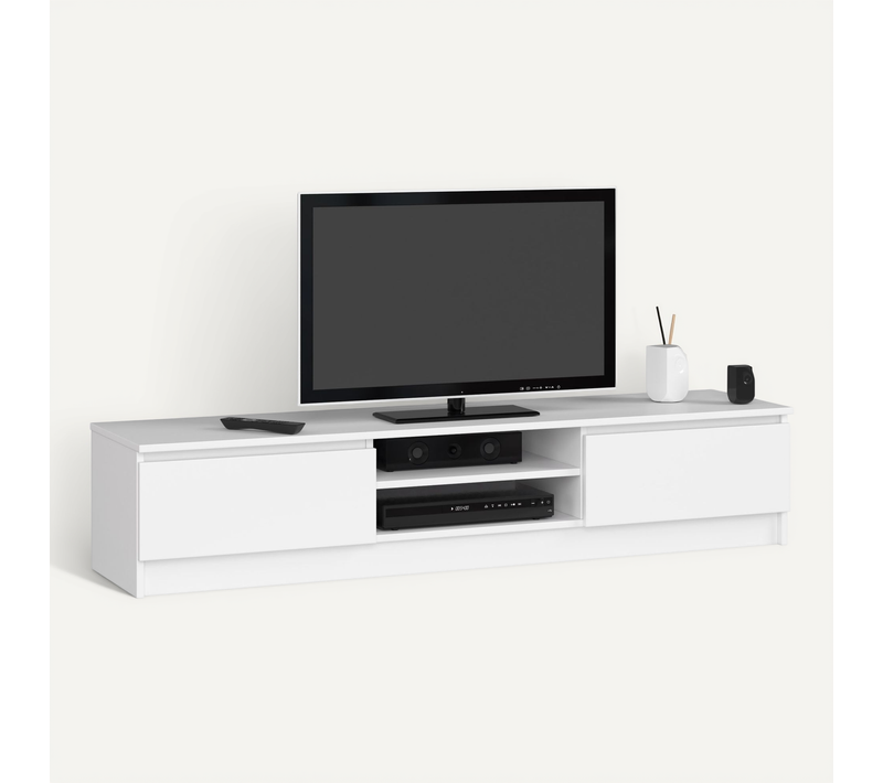 Meuble TV Pour Salon Blanc 160 Cm 2 Portes Façade Blanche 2 Étagères 160x40x33 Cm