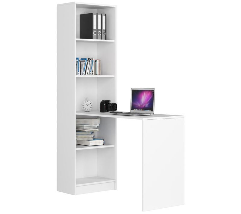 Ensemble Bureau Avec Bibliothèque Smart Blanc 125 Cm Façade Blanche 5 Étagères 125x50x180 Cm