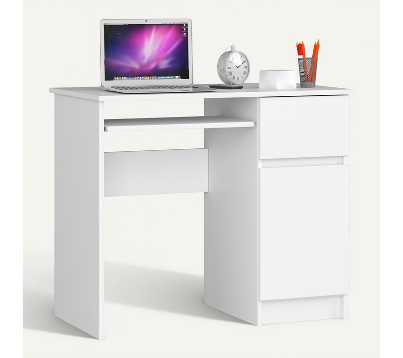 Bureau D'ordinateur Droit Piksel Blanc 90 Cm 1 Porte 1 Tiroir Façade Blanche 3 étagères