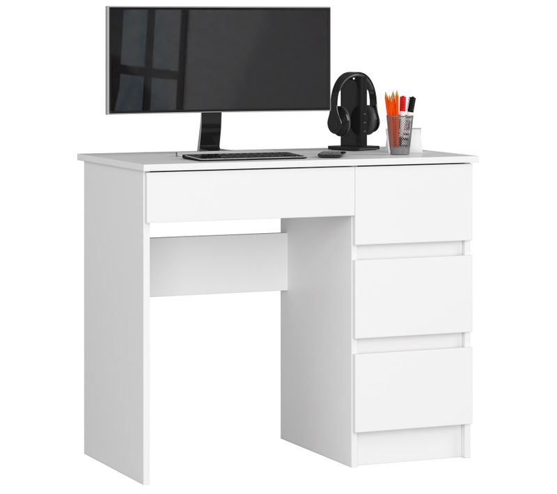 Bureau D'ordinateur Akord Droit A7 Blanc 90 Cm 4 Tiroirs Façade Blanche 90x50x77 Cm