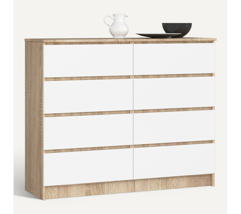 Commode Akord K120 Chêne Sonoma 120 Cm 8 Tiroirs Façade Blanche 120x40x99 Cm