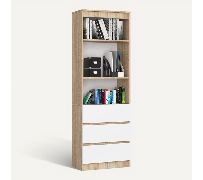 Bibliothèque De Bureau R60 Chêne Sonoma 60 Cm 3 Tiroirs Façade Blanche 3 Étagères 60x35x180 Cm