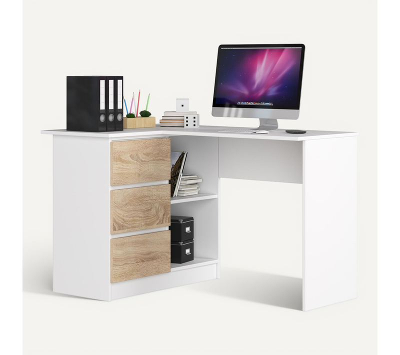 Bureau Akord D'angle Gauche B16 Blanc 124 Cm 3 Tiroirs Façade Chêne Sonoma 2 Étagères 124x85x77 Cm