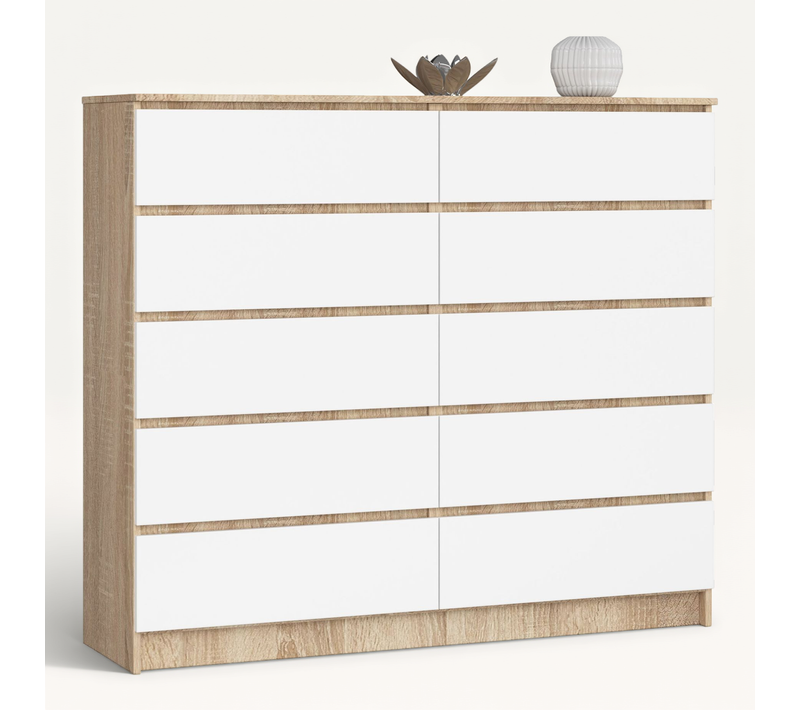 Commode Akord K140 Chêne Sonoma 138 Cm 10 Tiroirs Façade Blanche 138x40x121 Cm