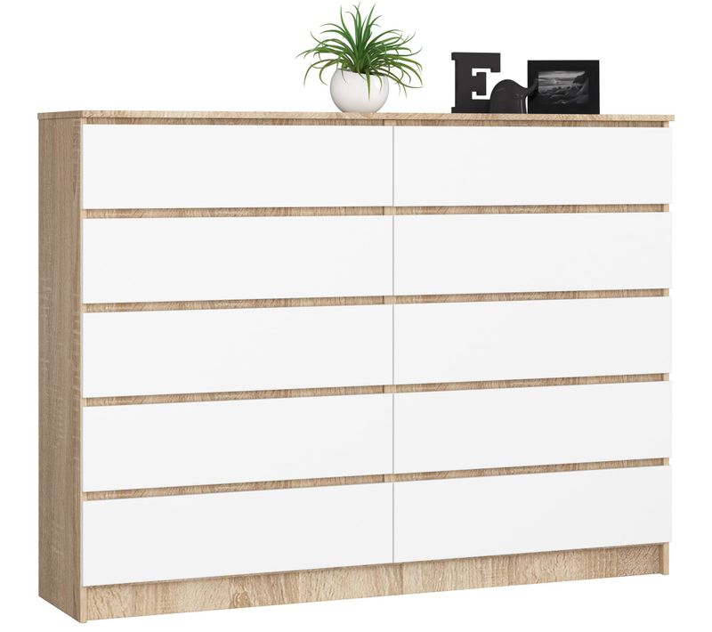Grande Commode Pour Le Salon K160 Chêne Sonoma 160 Cm 10 Tiroirs Façade Blanche 160x40x121 Cm