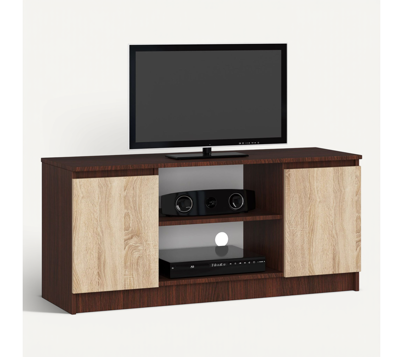 Meuble TV Pour Salon Wengé 120 Cm 2 Portes Façade Chêne Sonoma 2 Étagères 120x40x55 Cm